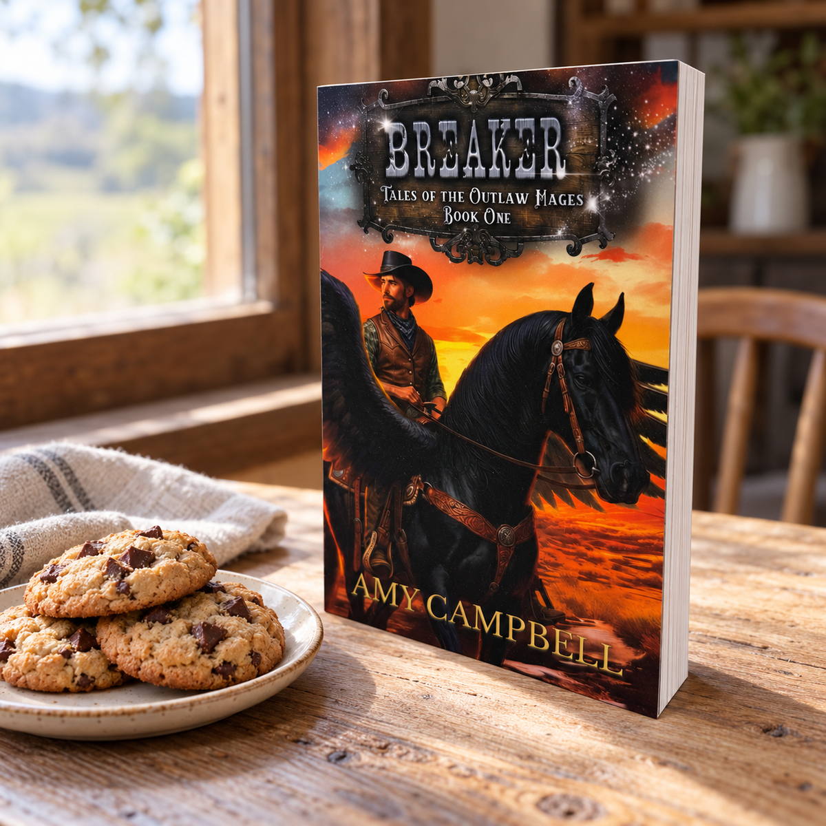Breaker full-color paperback, Blaise on his black pegasus Emrys, Tales of the Outlaw Mages Book 1