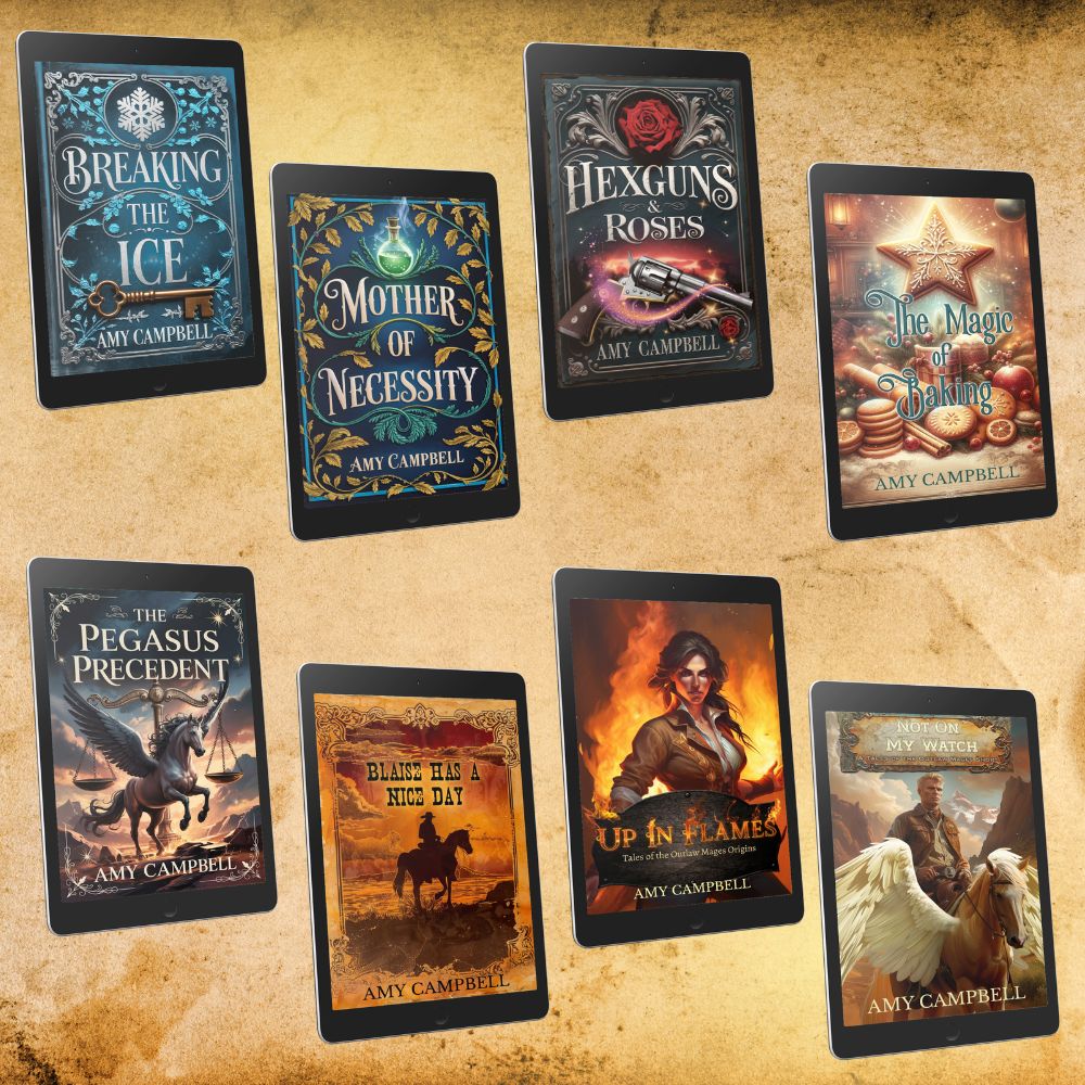 Outlaw Mages short story ebook covers, including Breaking the Ice and Hexguns & Roses