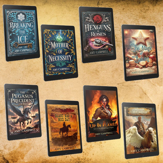 Outlaw Mages short story ebook covers, including Breaking the Ice and Hexguns & Roses