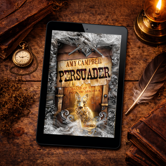 Persuader special edition ebook cover on an e-reader, Tales of the Outlaw Mages Book 4