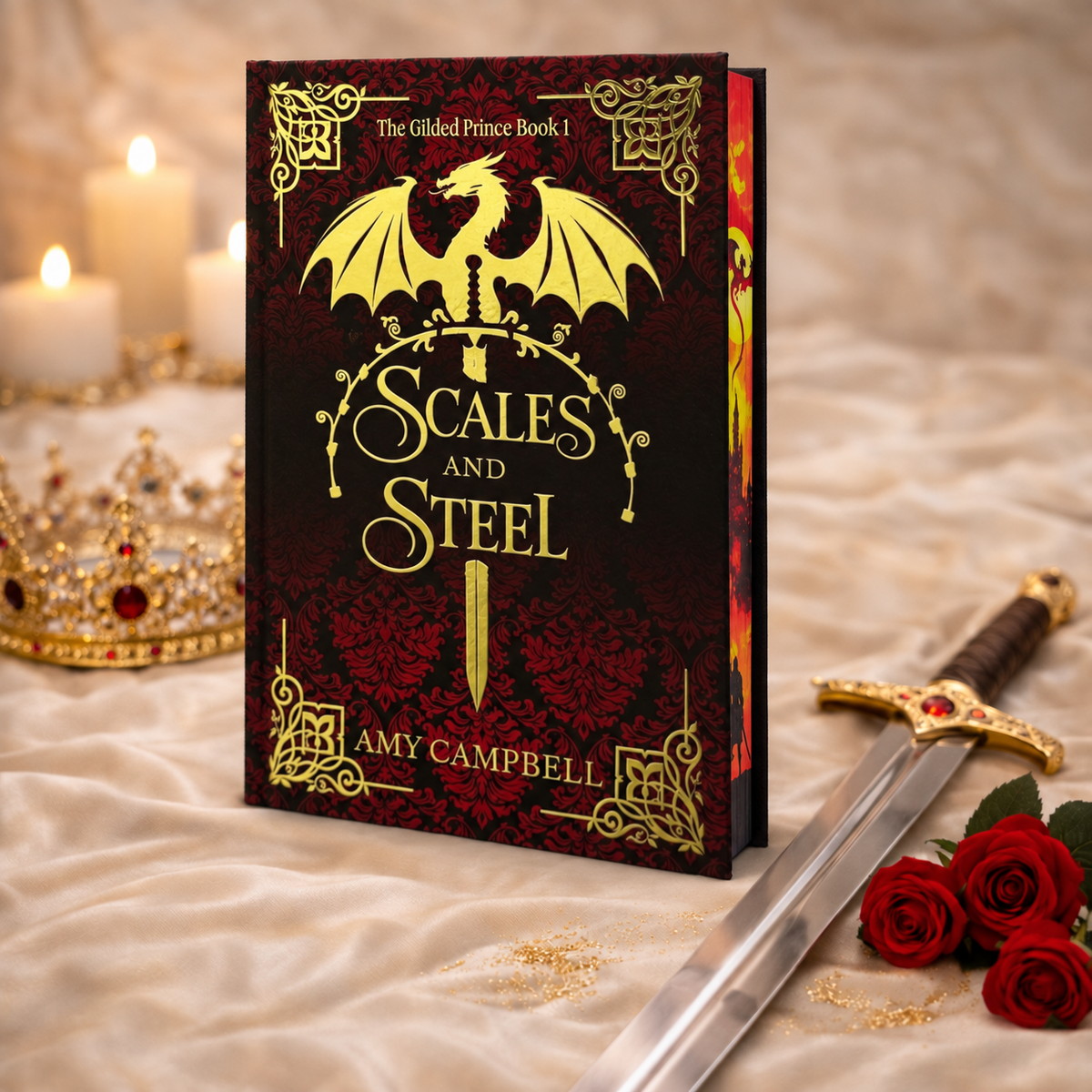 Scales & Steel special edition hardcover, gold foil dragon on crimson, with a sword and roses
