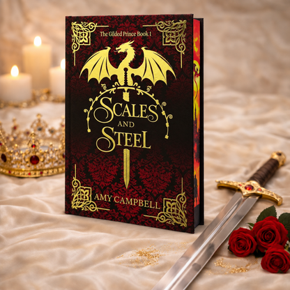 Scales & Steel special edition hardcover, gold foil dragon on crimson, with a sword and roses