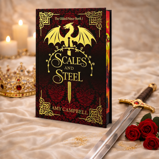Scales & Steel special edition hardcover, gold foil dragon on crimson, with a sword and roses