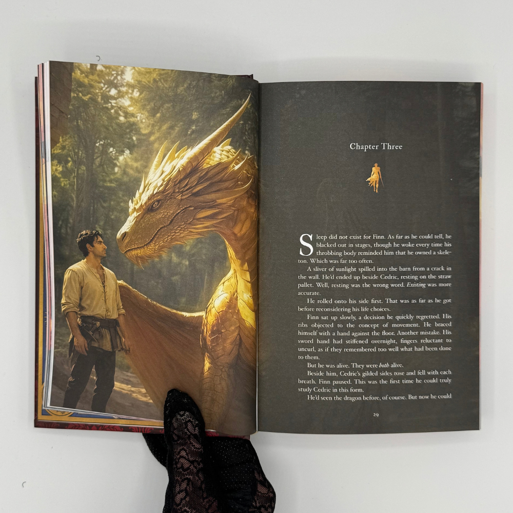 Talons & Treason chapter opening with full-color art of Finn with the golden dragon