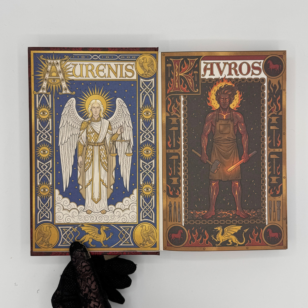 Talons & Treason hardcover illustrated endpapers featuring the gods Aurenis and Kavros