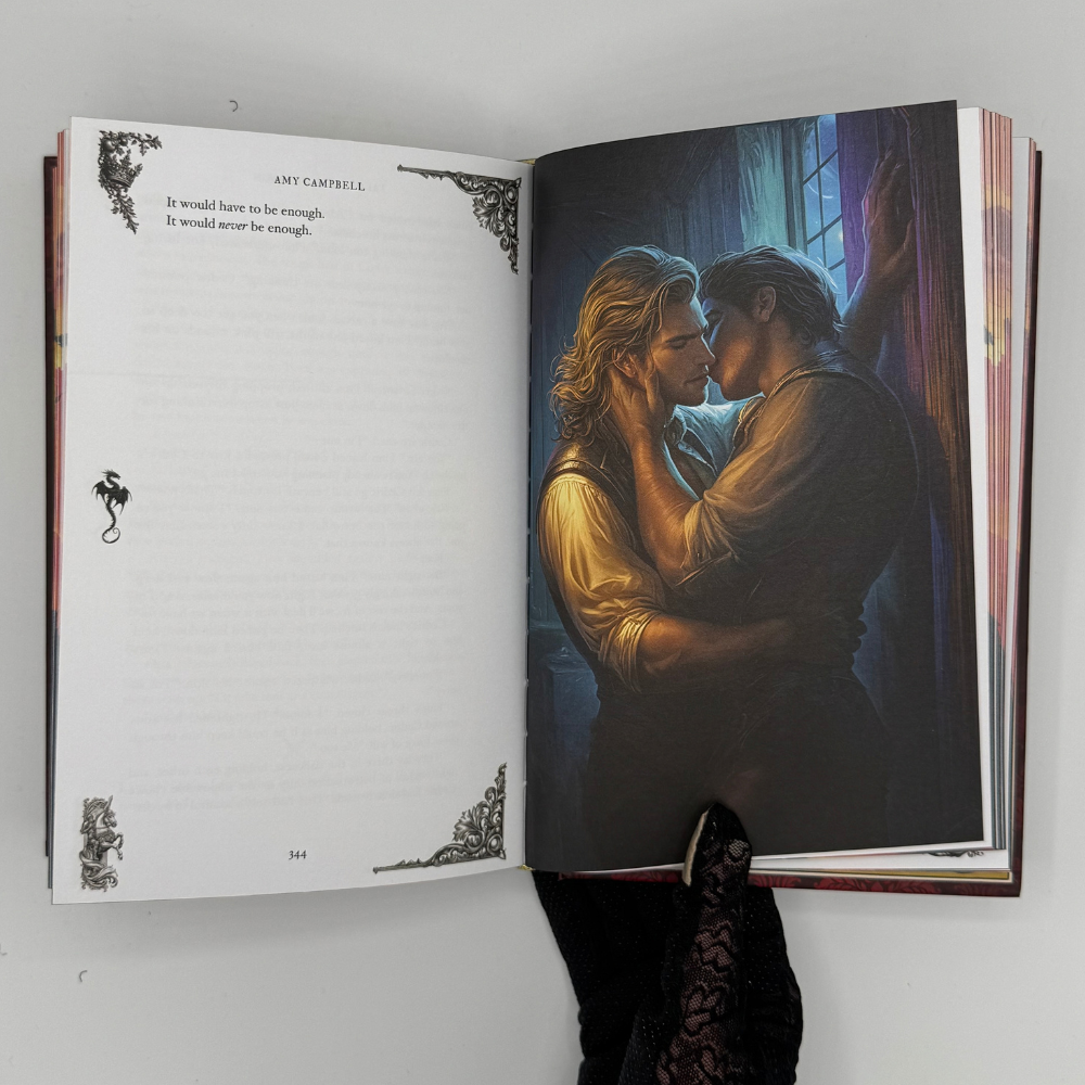 Full-page color illustration of Finn and Cedric embracing, from the Talons & Treason hardcover