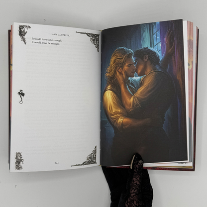 Full-page color illustration of Finn and Cedric embracing, from the Talons & Treason hardcover