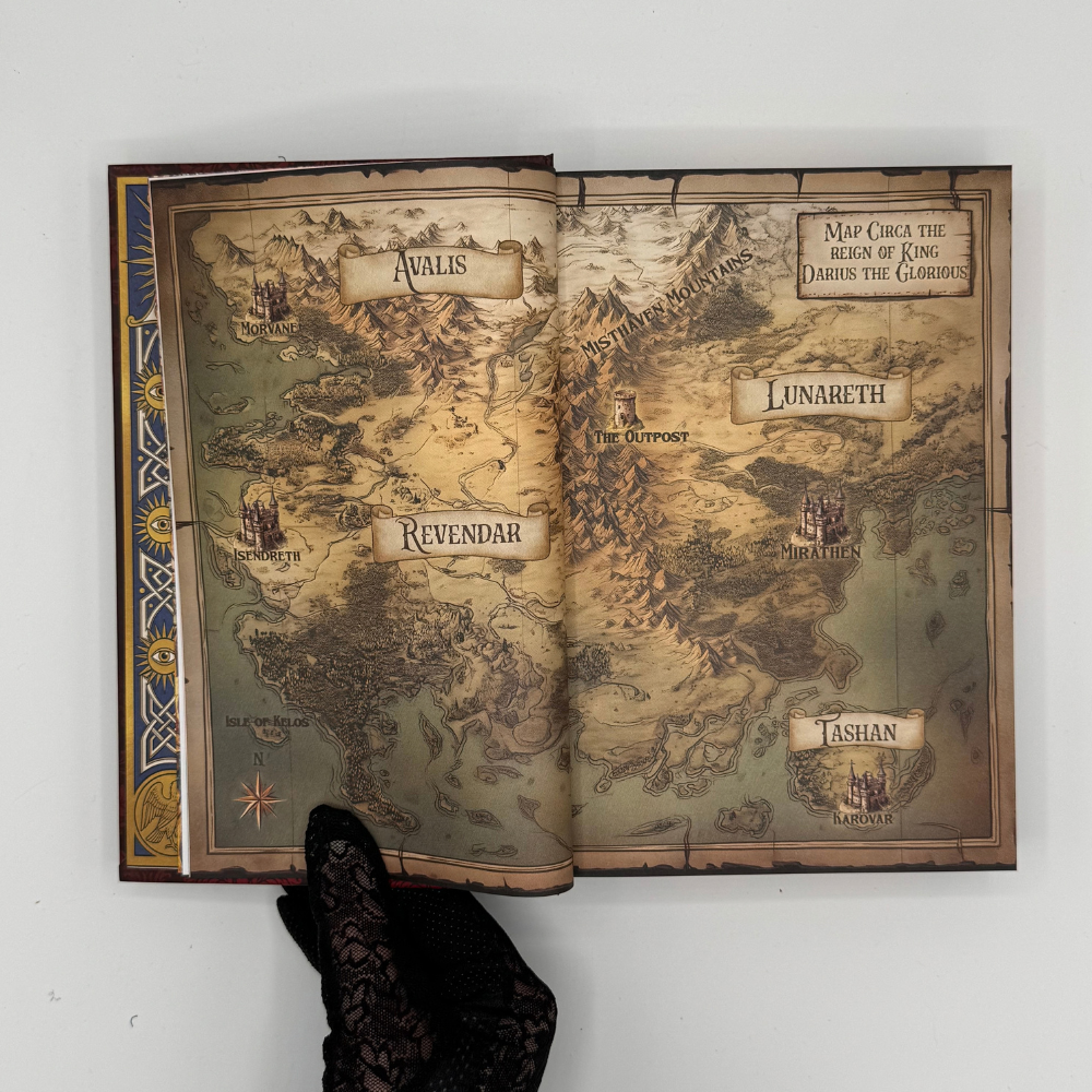 Full-color map of Lunareth and the surrounding lands inside the Talons & Treason hardcover