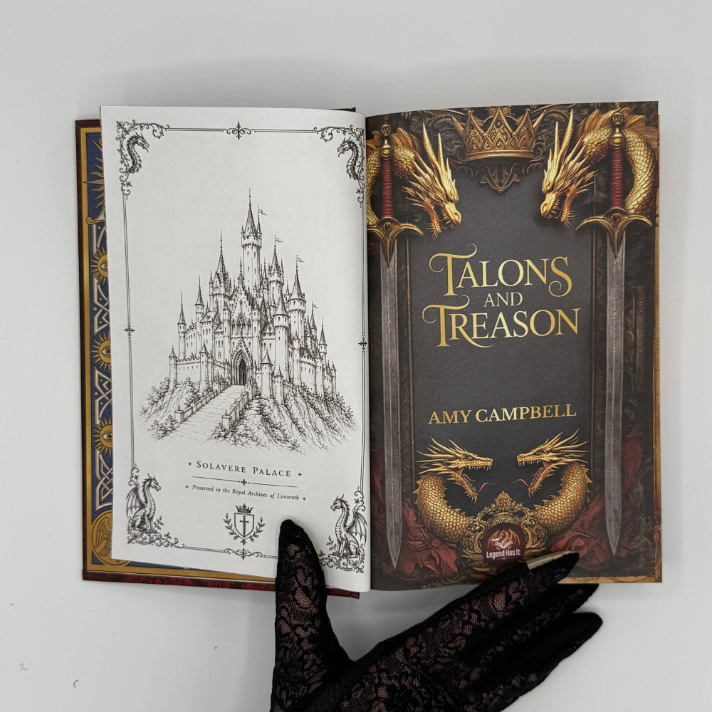 Talons & Treason hardcover illustrated title page with a pencil sketch of a palace