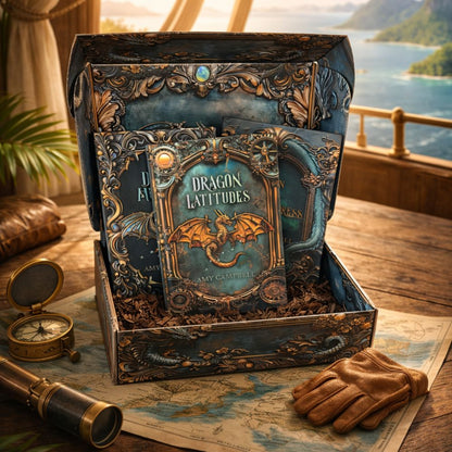 Decorative box with 'Dragon Latitudes' book on a wooden table with scenic background