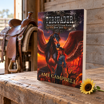 Persuader full-color paperback, Vixen with her bay pegasus Alekon, Tales of the Outlaw Mages Book 4