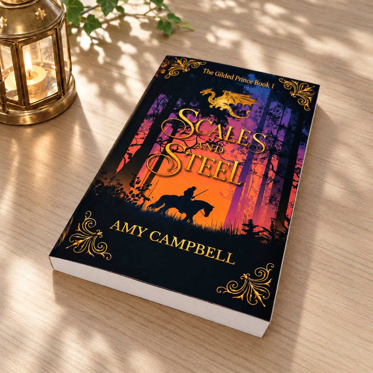 Scales & Steel full-color paperback, Fade to Black cover with a knight riding through a forest