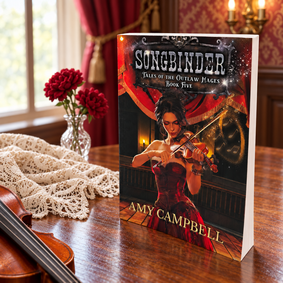 Songbinder full-color paperback, Alice in red playing violin, Tales of the Outlaw Mages Book 5
