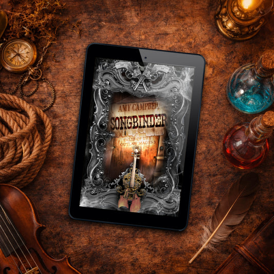 Songbinder special edition ebook cover on an e-reader, Tales of the Outlaw Mages Book 5