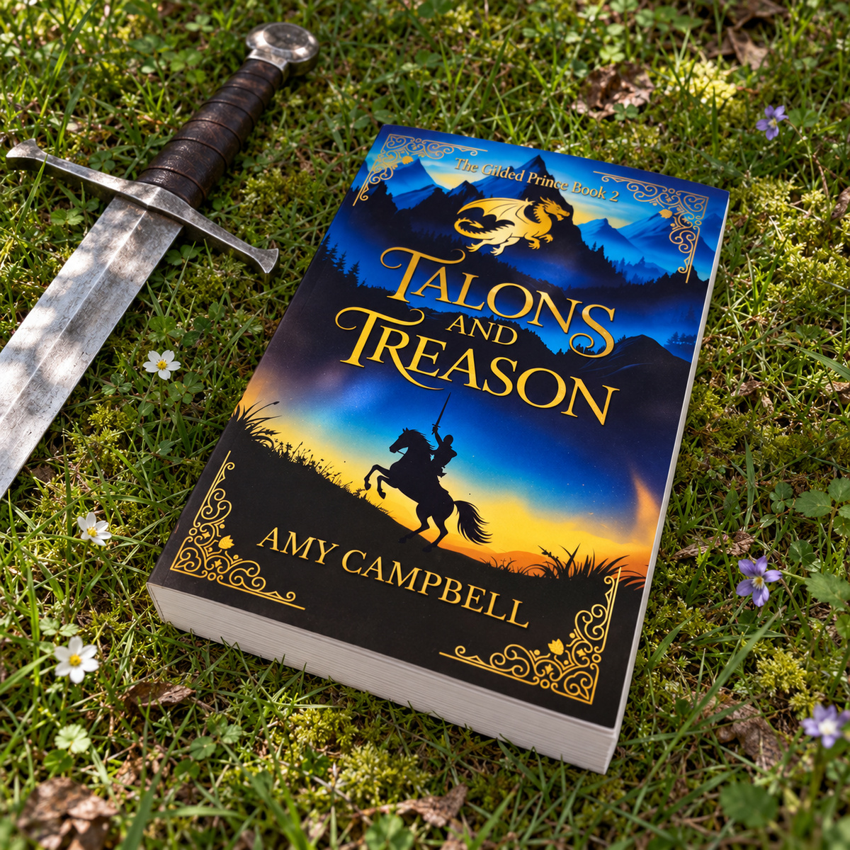 Talons & Treason full-color paperback, Fade to Black cover, lying in the grass beside a sword