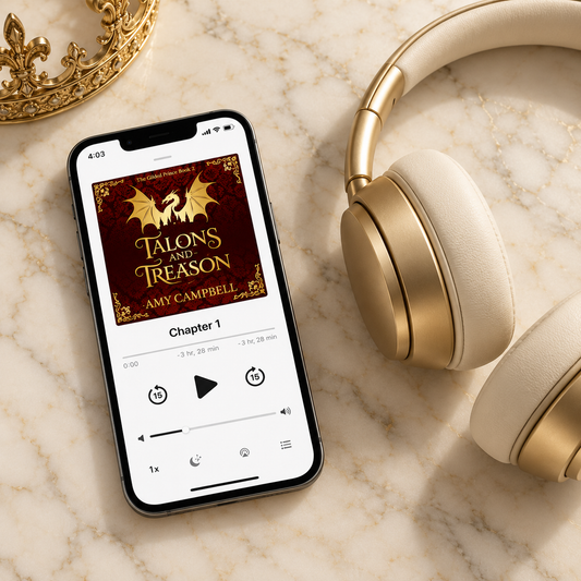 Talons & Treason audiobook playing on a phone, After Dark edition, The Gilded Prince Book 2