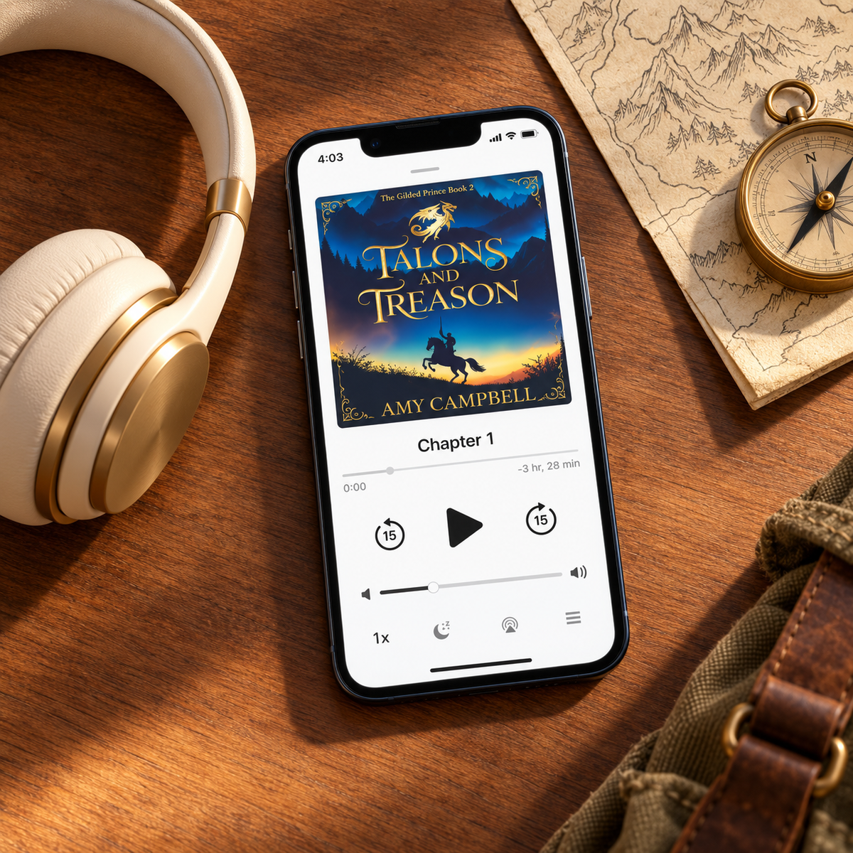 Talons & Treason audiobook playing on a phone, Fade to Black edition, The Gilded Prince Book 2